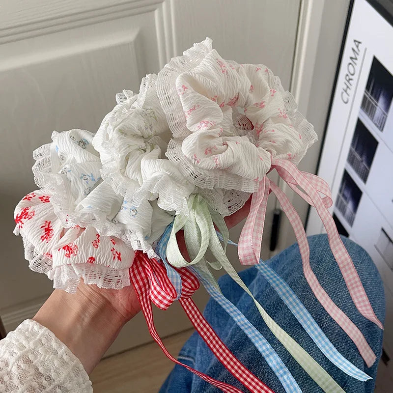 Sweet Lace Bows Scrunchie Long Ribbon Hair Rope Cute Donut Hair Band Fashion Female Hair Accessories Elegant Headdress Fashion Peaceful Pleasures Health and Wellness