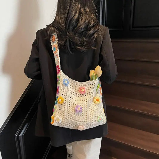 Large Boho Floral Crochet Tote Bag | Hollow Knit Handbag Crochet Tote Bag Oasis Select