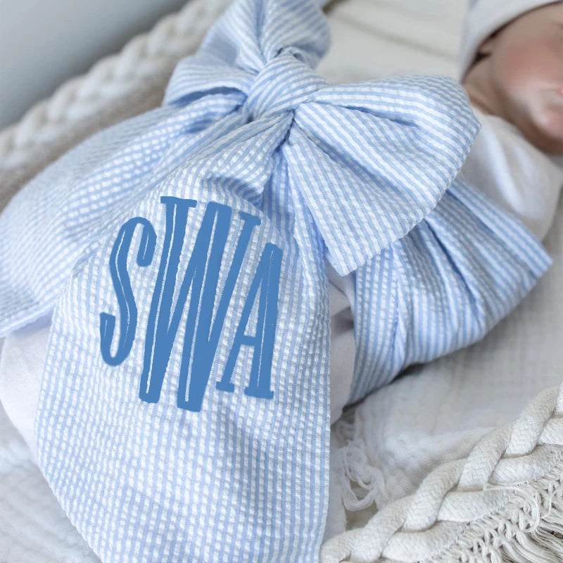 Personalized Seersucker Bow Sash Baby Blanket | Shower Gift