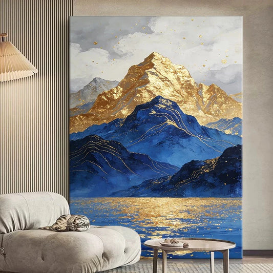 Hand Painted Canvas Oil Painting Abstract Gold And Blue Mountains Poster Wall Art Picture Home Decor Hang Mural For Living Room Peaceful Pleasures Health and Wellness