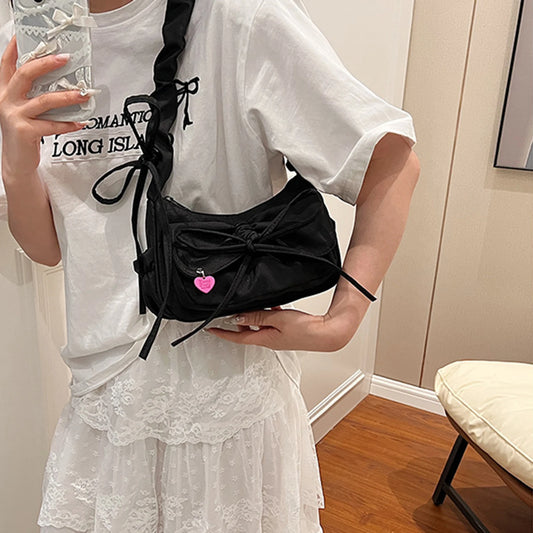 1Pcs/lot Black Bow Casual Shoulder Bags for Women Korean Style Washed Denim Summer Handbag Exquisite Gift for Ladies Birthday Peaceful Pleasures Health and Wellness