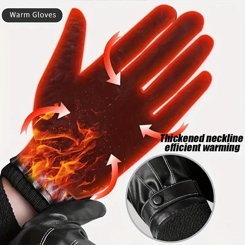 Autumn and Winter Black Gloves Men's One Pair PU Leather With Velvet Lining Gloves Waterproof for Motorcycle Riding Peaceful Pleasures Health and Wellness