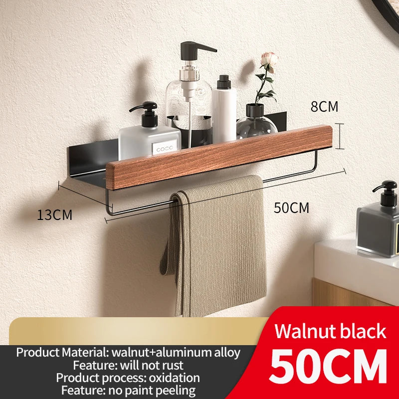 Wood & Aluminum Corner Shower Shelf | Wall-Mounted Organizer Corner Shower Shelf Peaceful Pleasures Health and Wellness wood black 50cm bar