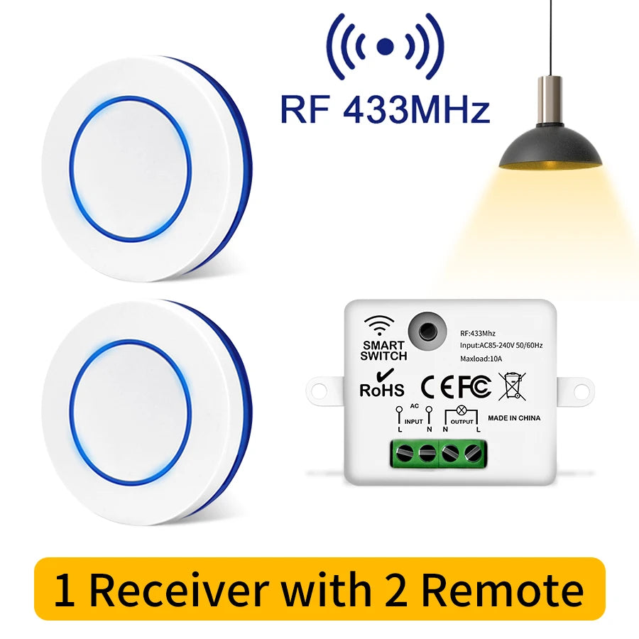 433MHz Wireless Light Switch 220V 110V 10A Relay Breaker Remote Control Mini Round Button Switch for Home LED Lamp Wall Switch Peaceful Pleasures Health and Wellness 1 Receiver 2 Remote