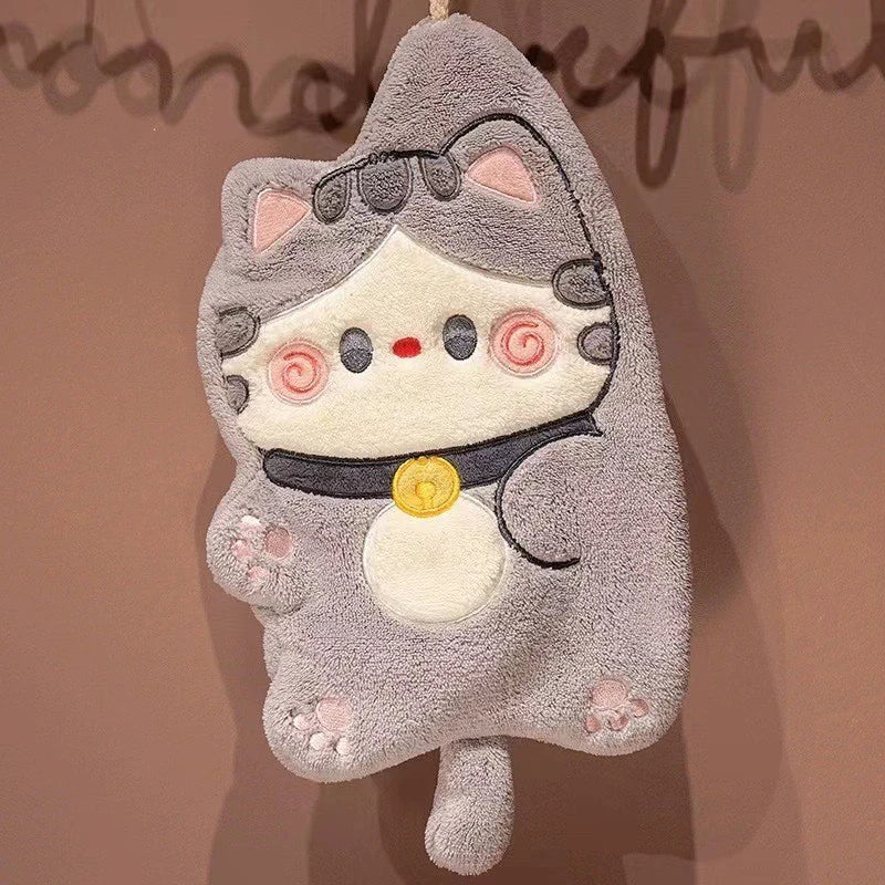 Cute Cat Hand Towel | Absorbent Coral Fleece Hanging Kitchen Rag