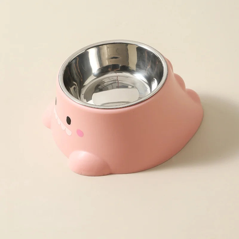 Cartoon Dinosaur Elevated Tilted Pet Bowl | Stainless Steel