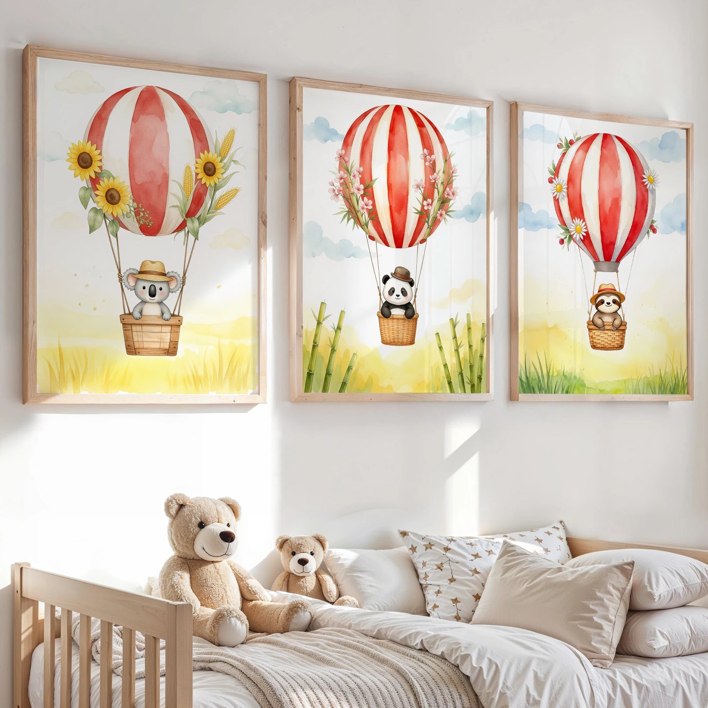 Cartoon Hot Air Balloon Animals Canvas Wall Art | Kids Room