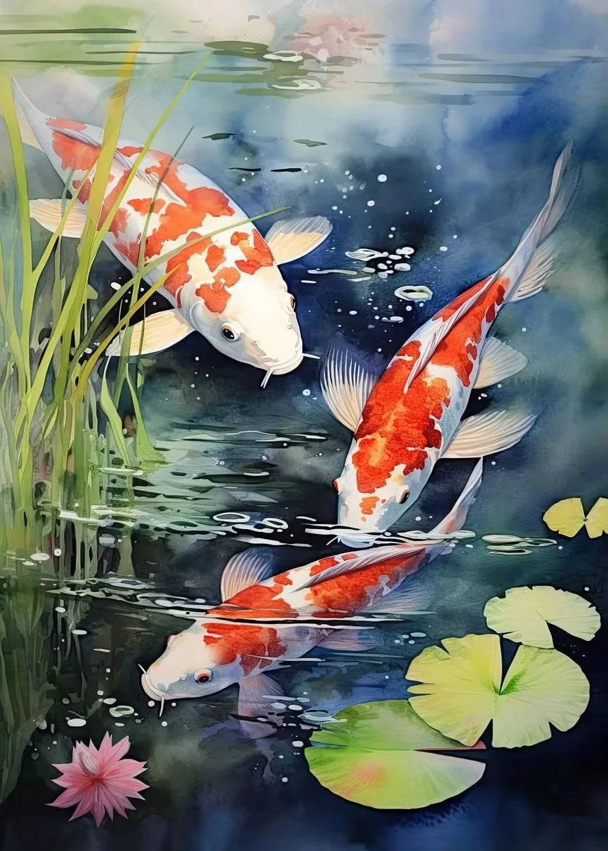 Red Koi Fish Lotus Canvas Wall Art | Good Luck Home Decor