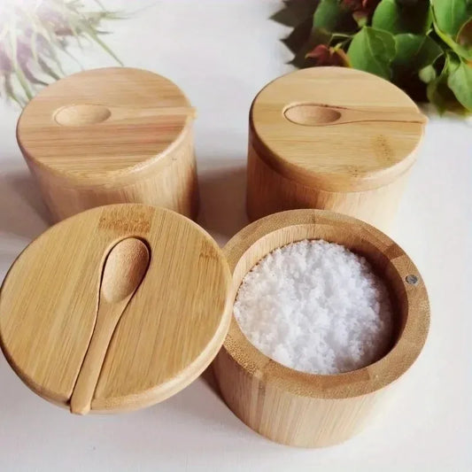 Bamboo Seasoning Jar with Lid & Spoon – Salt, Sugar & Spice Seasoning Storage Jar Oasis Select