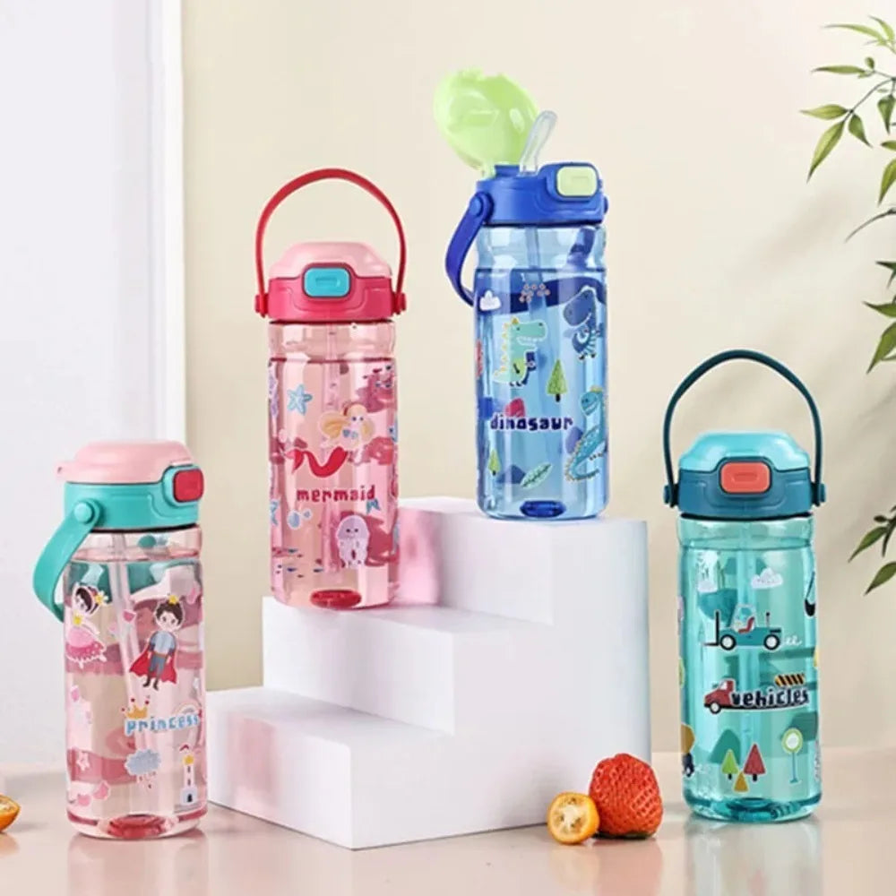 550ml Kids Cartoon Straw Water Bottle with Handle | BPA-Free