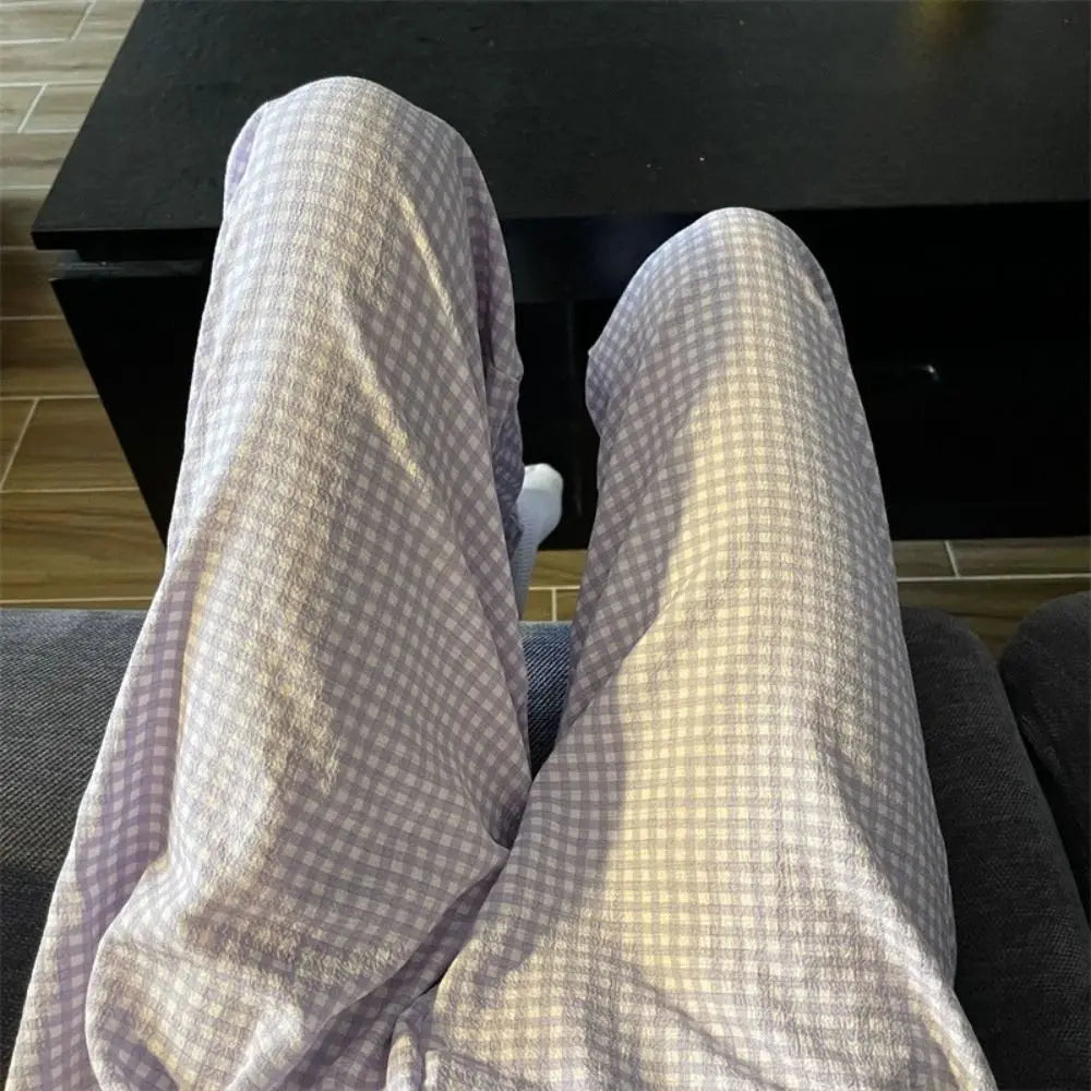 Women's High Waist Wide Leg Plaid Pajama Pants | Cotton Pajama Pants Peaceful Pleasures Health and Wellness XXXS purple lattice