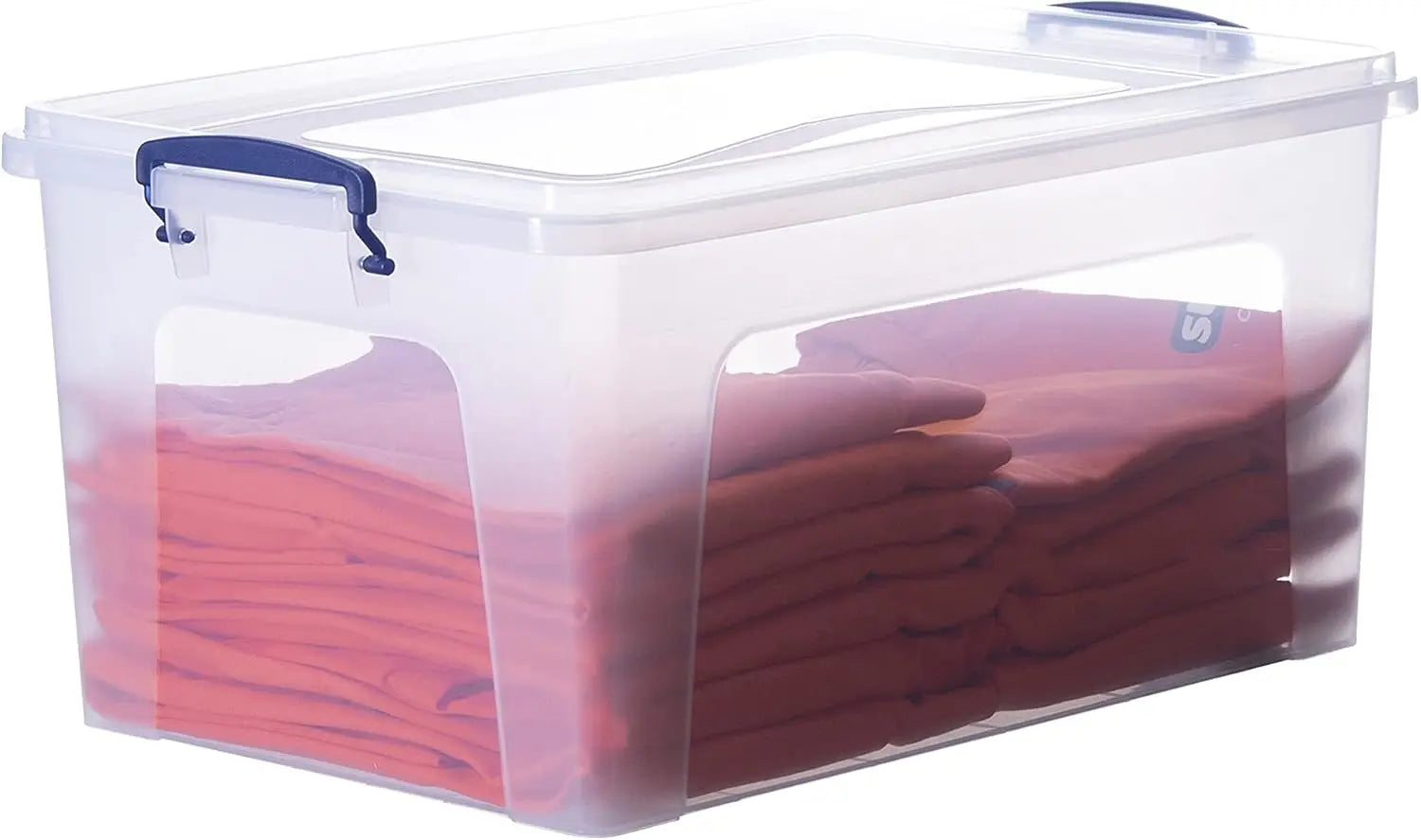 Clear storage box with a blue handle containing folded red clothes.