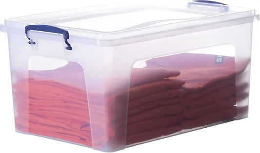 Clear storage box with a blue handle containing folded red clothes.