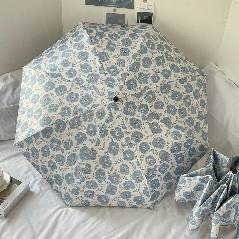 Blue Floral Automatic Folding Umbrella – UV Sun Protection