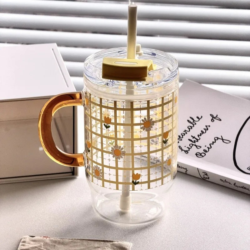 New 760ml Cartoon Printed Car Cup, High Borosilicate Glass Straw Cup with Handle, Double Drinking Car Office Casual Cup Peaceful Pleasures Health and Wellness
