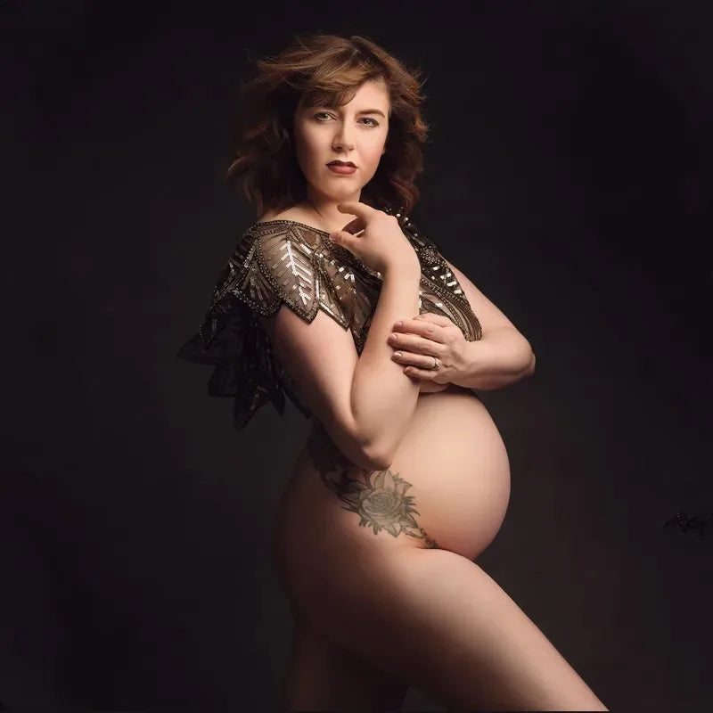 Beaded Maternity Photography Wrap - Roaring 20s Style Evening Shawl - Glamorous Pregnancy Photo Prop (See-Through Design) Peaceful Pleasures Health and Wellness