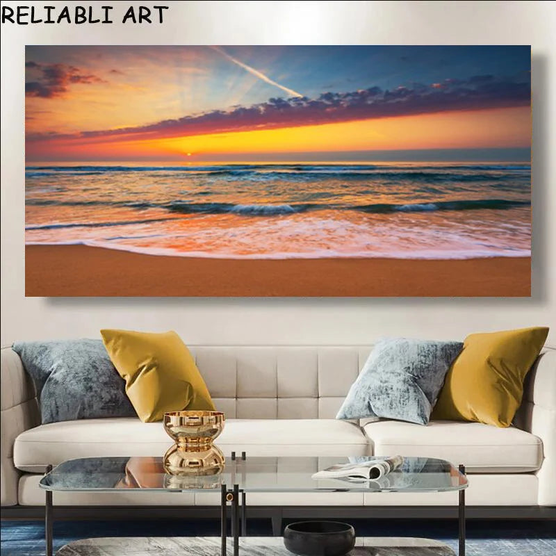 Sunset Beach Large Canvas Wall Art | Landscape Poster No Frame