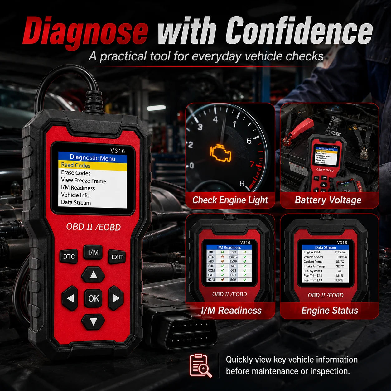 V316 OBD2 Scanner – Read & Clear Engine Codes + Battery Monitor Peaceful Pleasures Health and Wellness