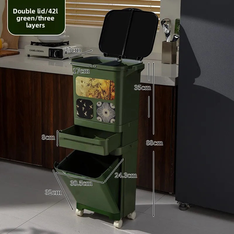 Vintage-Style Kitchen Trash Bin - Large Capacity, No Bending, Double Layer Wet/Dry Separation, Home Essential Peaceful Pleasures Health and Wellness Double 42L Green