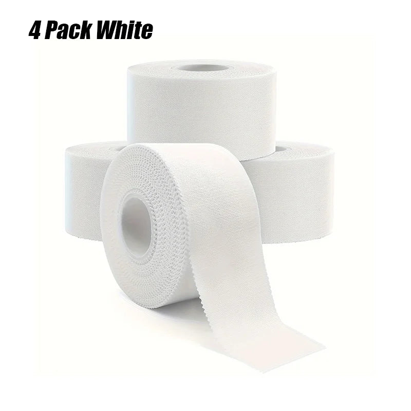 4 Rolls 3.8cm×9.1m Black White Cotton Tape Sports Tape Self-Adhesive Bandage Breathable Flexible Fabric Non Woven Bandage Peaceful Pleasures Health and Wellness 4 Rolls White