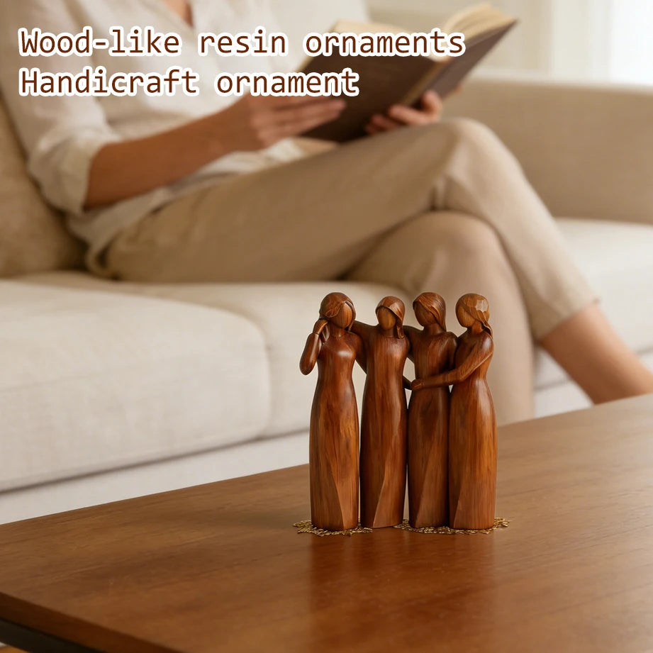 Four Sisters Heart Resin Figurine | Wood-Carved Style Decor