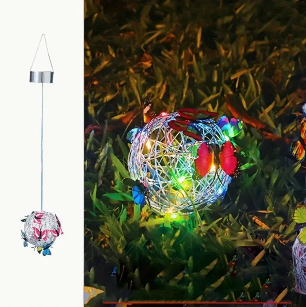 Outdoor Solar Ball Light with Butterfly LIght Decorative Hanging Lamp LED Waterproof Garden Hanging Light Yard Decoration Night Peaceful Pleasures Health and Wellness colorful light