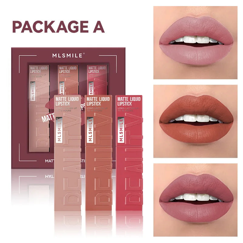MLSMILE 3-Piece Matte Velvet Lip Gloss Set – 16Hr Wear