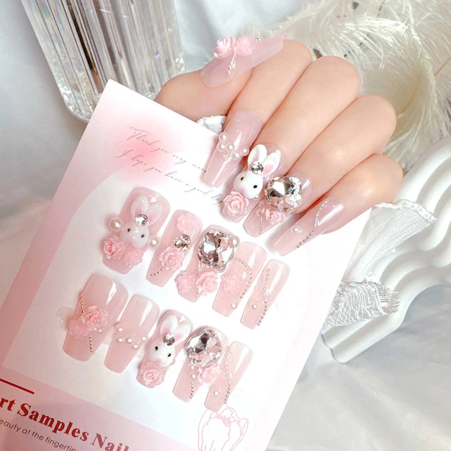 24pcs Sweet Cute Bow False Nails with Pink Crystal Design Korean Fake Nail Tips for Girl Lady Wearable Full Cover Press on Nails Peaceful Pleasures Health and Wellness 10