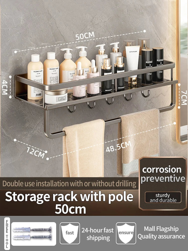 Wall-Mounted Bathroom Shelf & Towel Rack | Metal Storage Organizer