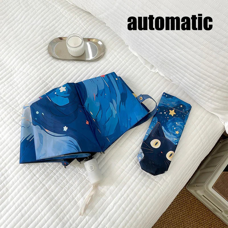 Cat Cartoon Auto Folding Umbrella – Sun & Rain Protection