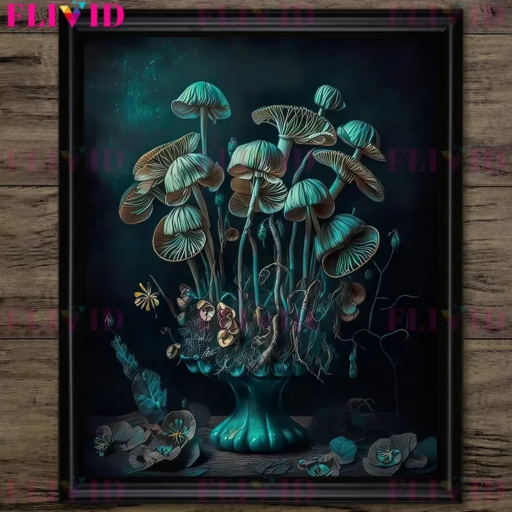Dark Botanical Gothic Mushroom & Roses Canvas Wall Print
