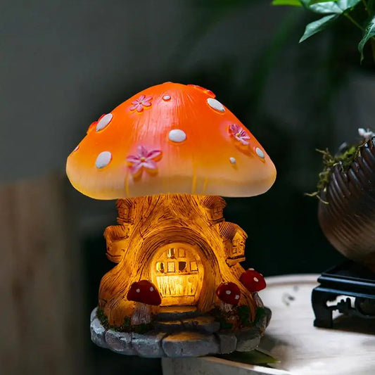 Garden Solar Mushroom Decor LED Light up Solar Figurine Mushroom House Yard Cottage Decoration Outside Resin Statue Waterproof Peaceful Pleasures Health and Wellness