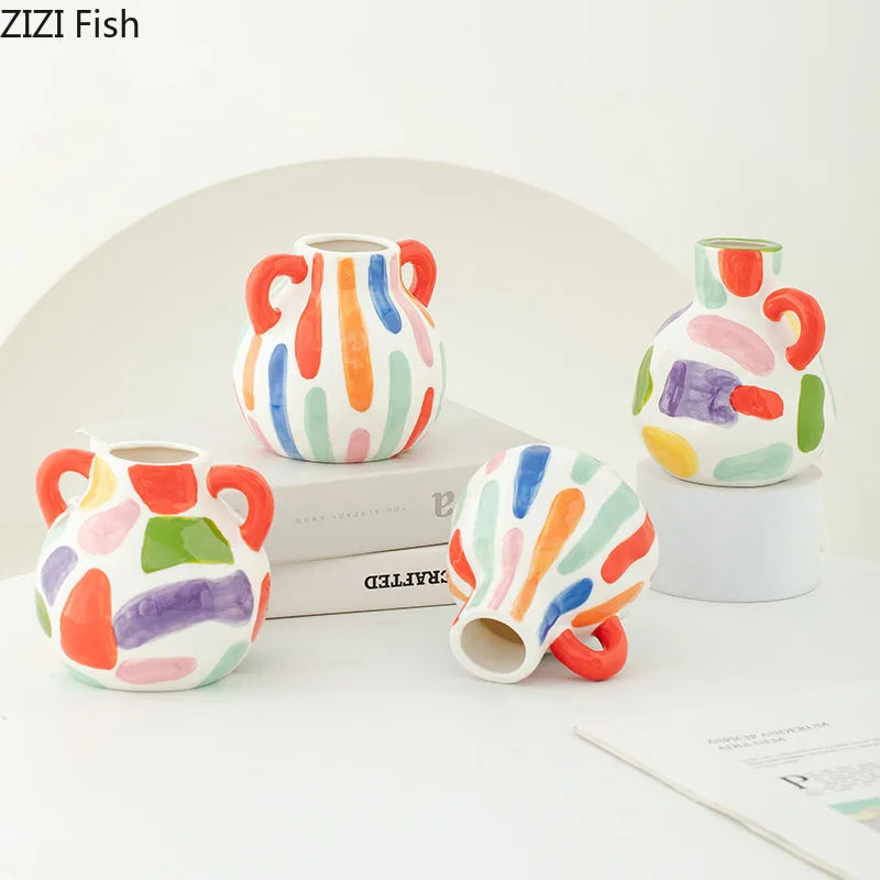 Colorful Stripes Ceramic Vase | Modern Tabletop Flower Decor