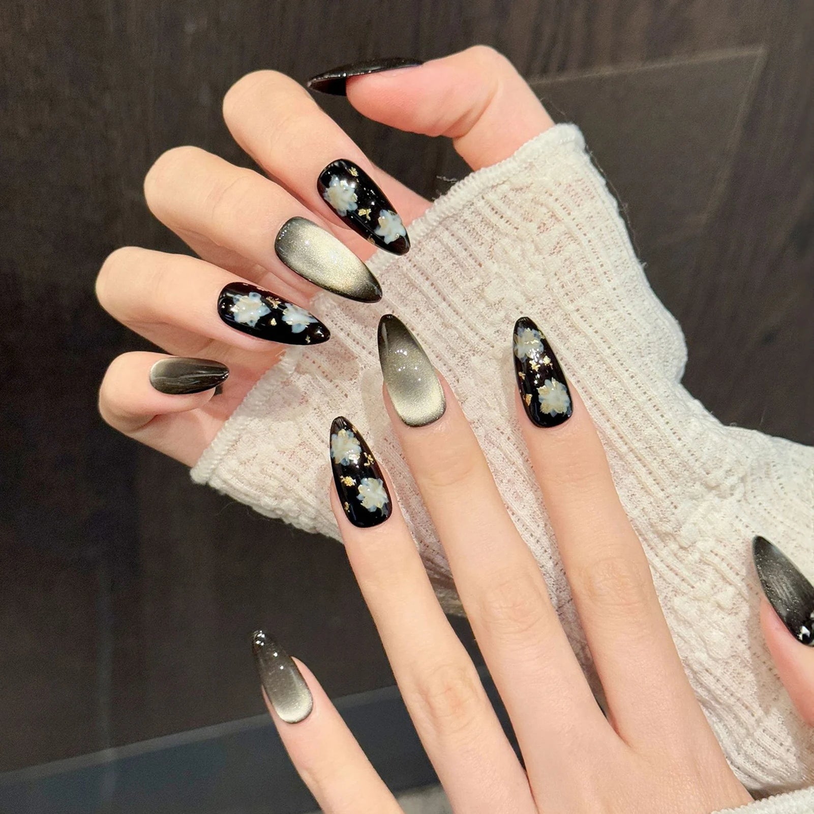 10pcs Handmade Black Cat Eyes False Nails Press On Nails With Gold Foil Floral Designs Long Almond French Wearable Nail Tips Peaceful Pleasures Health and Wellness