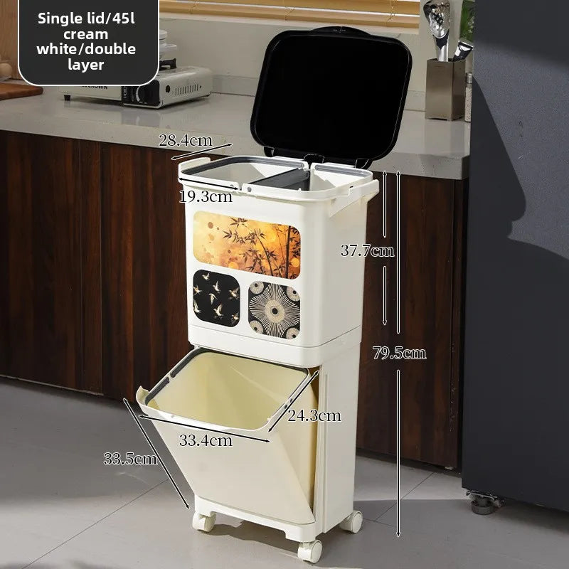 Vintage-Style Kitchen Trash Bin - Large Capacity, No Bending, Double Layer Wet/Dry Separation, Home Essential Peaceful Pleasures Health and Wellness Single 45L White