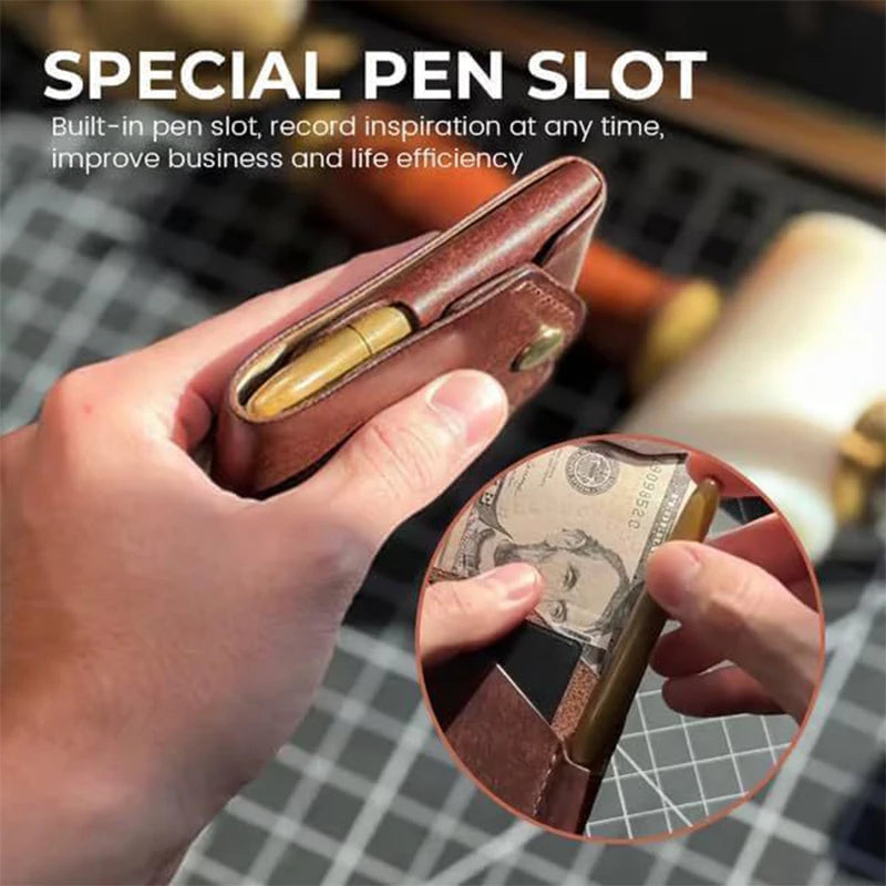 Slim Leather Card Holder Wallet with Pen Slot | Minimalist