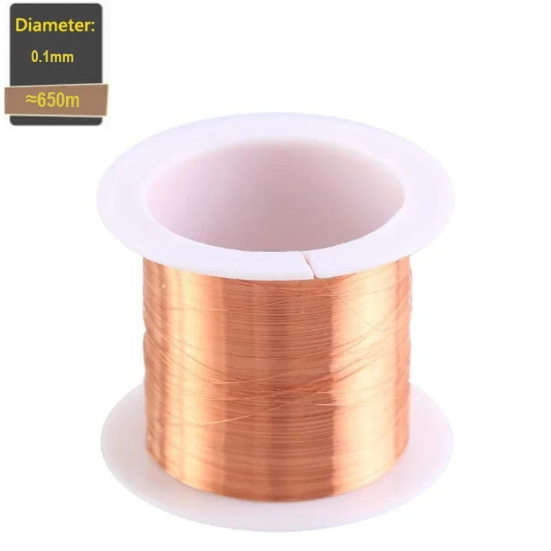 Spool of copper wire with diameter and length information on a white background