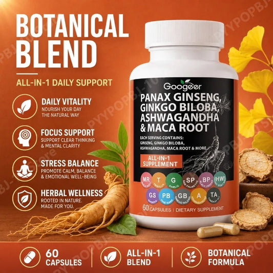 Botanical All-in-1 Blend | Ginseng Ginkgo Ashwagandha Maca 60 Caps Herbal Supplement Peaceful Pleasures Health and Wellness
