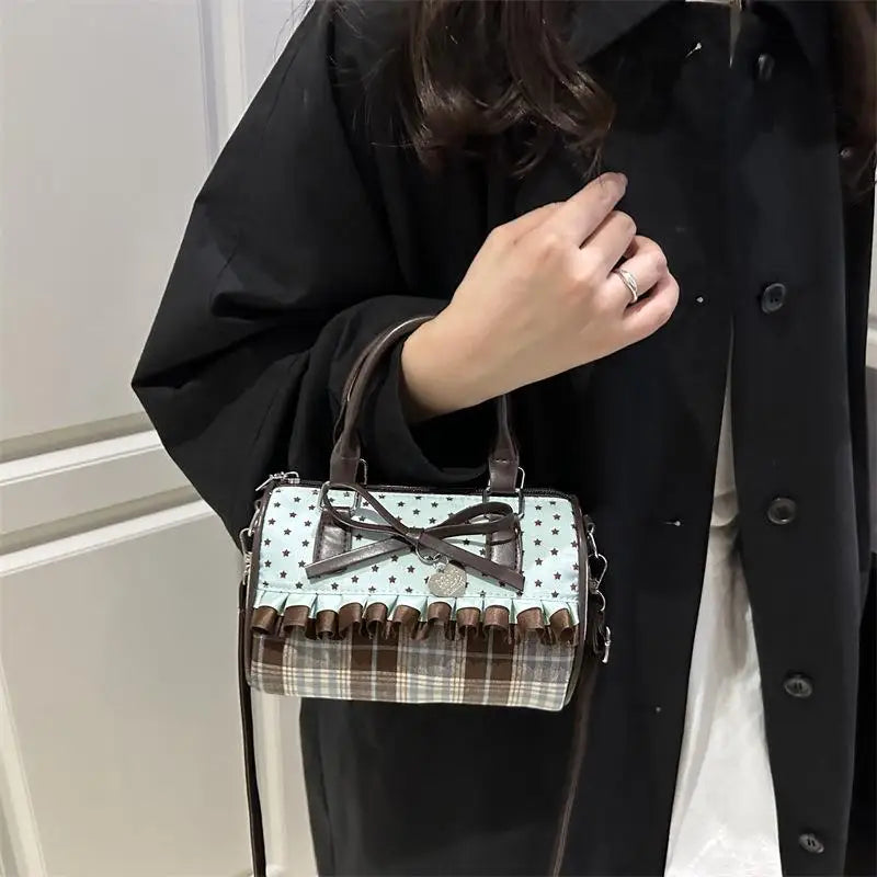 Kawaii Cylinder Crossbody Bag – Retro Bow Polka Dot Shoulder Bag
