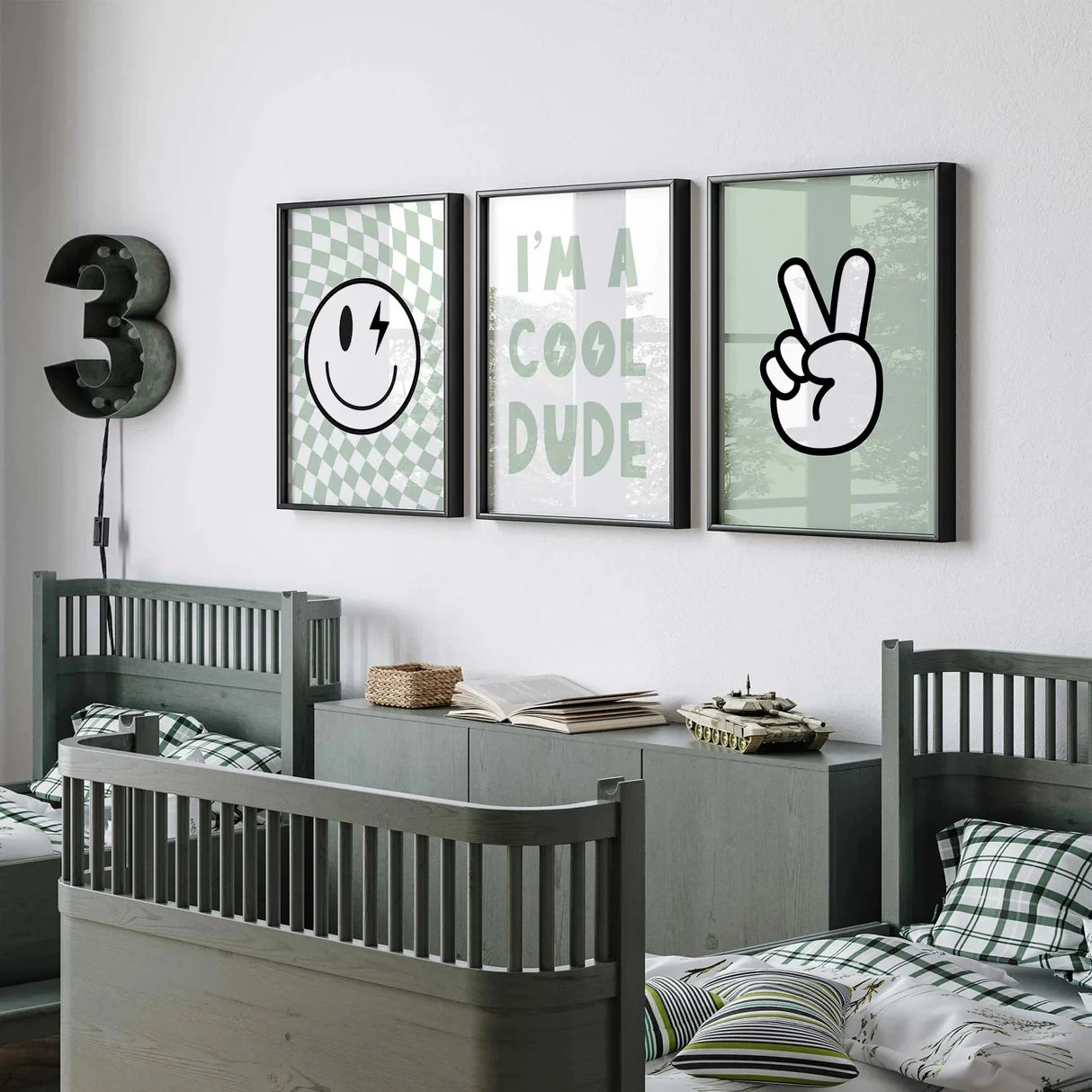 3-Piece Green Cool Dude Canvas Wall Art | Boys Room Decor