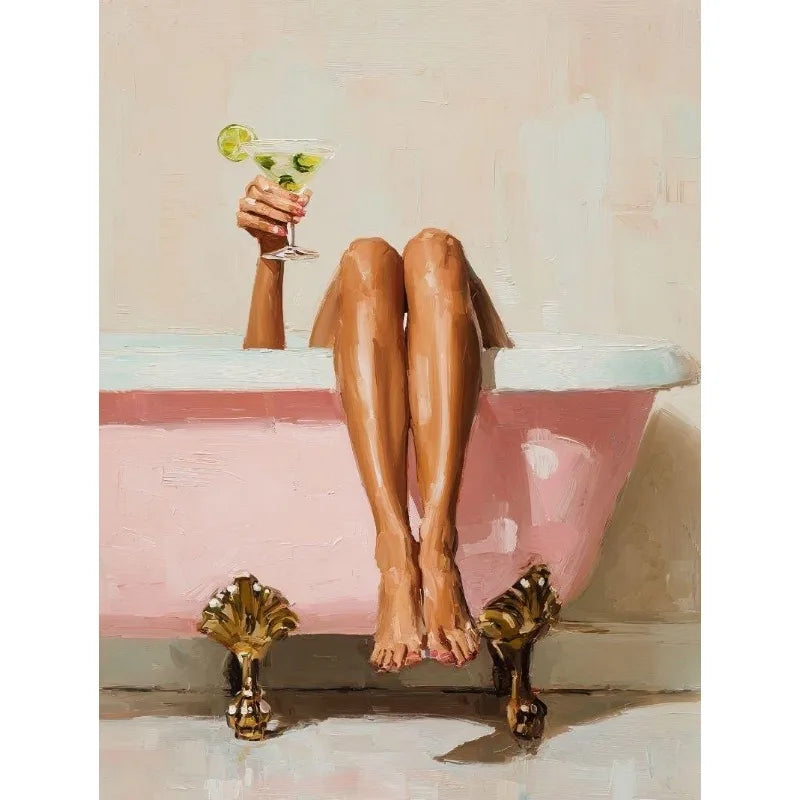 Retro Martini Girl Bathtub Canvas Wall Art | Glam Bathroom Decor