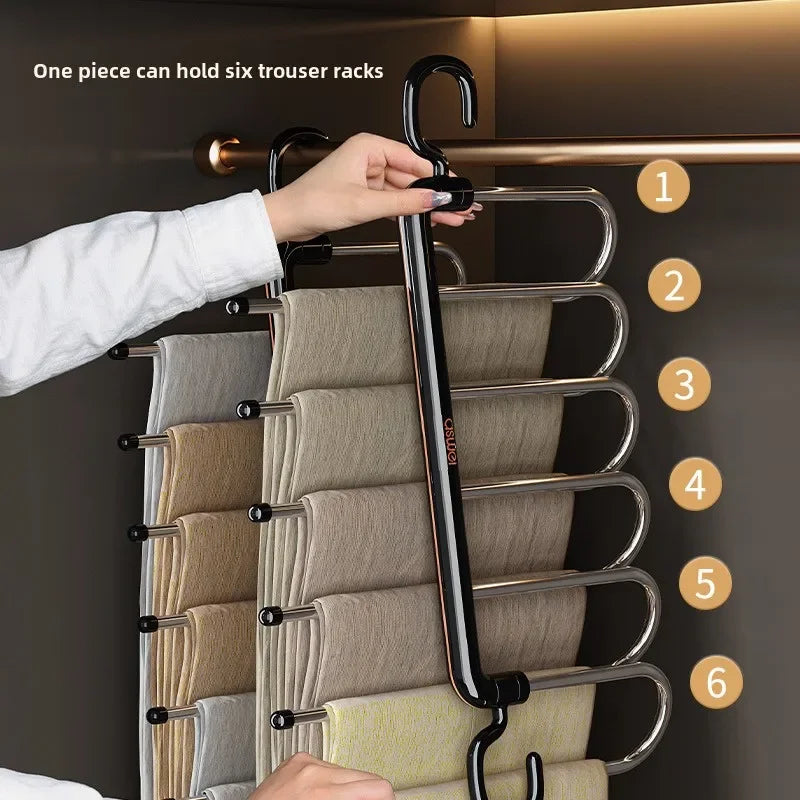 6 Layers Multi-Function Pants Hangers Folding Aluminum Trouser Clothes Storage Rack Saving Space Storage Holder Closet Organizer Peaceful Pleasures Health and Wellness