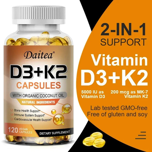 Vegan Vitamin D3 K2 Capsules - Organic Coconut Oil - Daily Supplement for a Healthy Immune System & Bones Gluten & Soy Free Peaceful Pleasures Health and Wellness