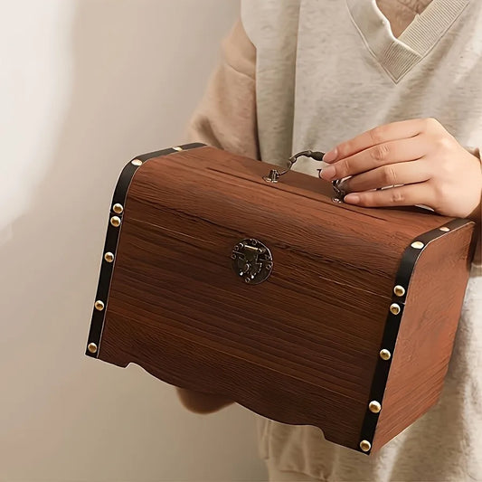 Vintage Wooden Piggy Bank with Lock, Retro Treasure Chest Coin Saving Box for Kids, Home Decor Money Storage Organizer Peaceful Pleasures Health and Wellness