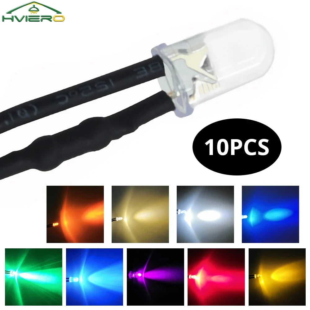10-Pack 5mm Pre-Wired LED Bulbs DC 12V | 9 Colors, 20cm Cable