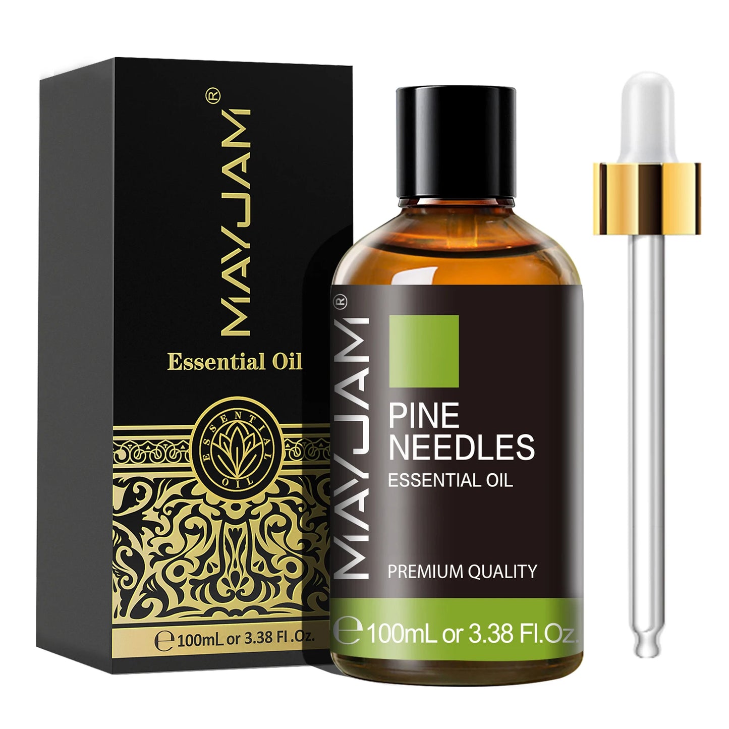 MayJam Pine Needles essential oil bottle with dropper and packaging on a white background