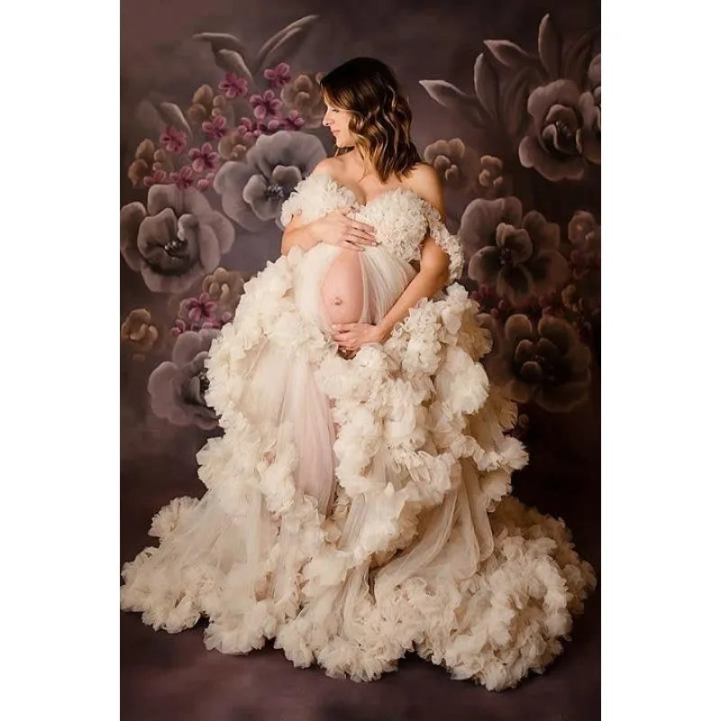 Photoshoot & Baby Shower Tulle Maternity Dress - Puffy Ruffles, Sheer Design, Bridal Lingerie Bathgown for Pregnancy Peaceful Pleasures Health and Wellness