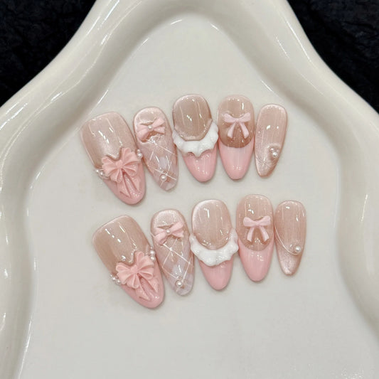10pcs Handmade Press on Nails French Cat Eye Pink Bow Decor Korean False Nails Wearable Full Cover Ins Almond False Nail Tips Peaceful Pleasures Health and Wellness L