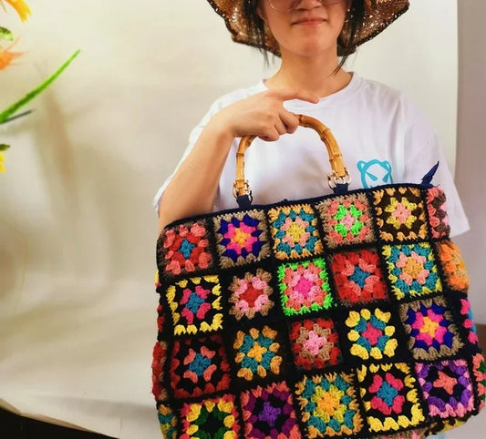 Knitting Kits Granny Square Handmade Crochet Big Bag Ethnic Style Purse Handbag With Wooden Hand-held Woven Shoulder Bag Peaceful Pleasures Health and Wellness Default Title