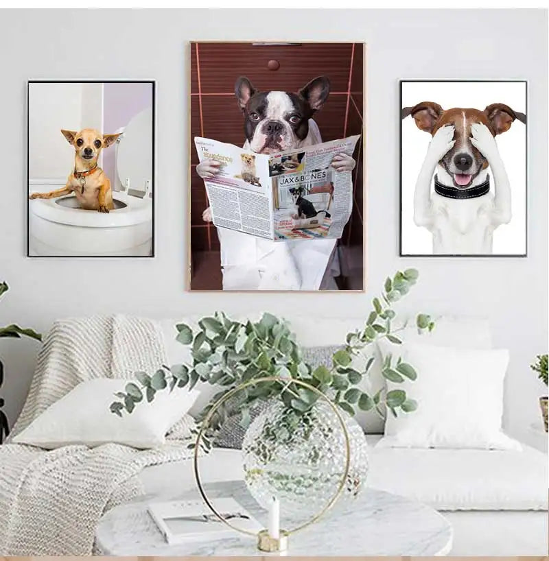Funny Animal Dog Read Newspaper Oil Painting on Canvas Wall Art Poster Prints Wall Art Picture for Bathroom Toilet Decoration Peaceful Pleasures Health and Wellness